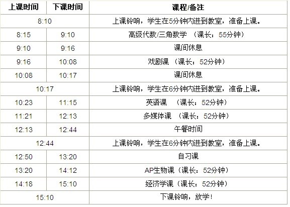美国高中课表