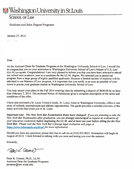 不言放弃 圣路易斯华盛顿大学法律硕士offer到